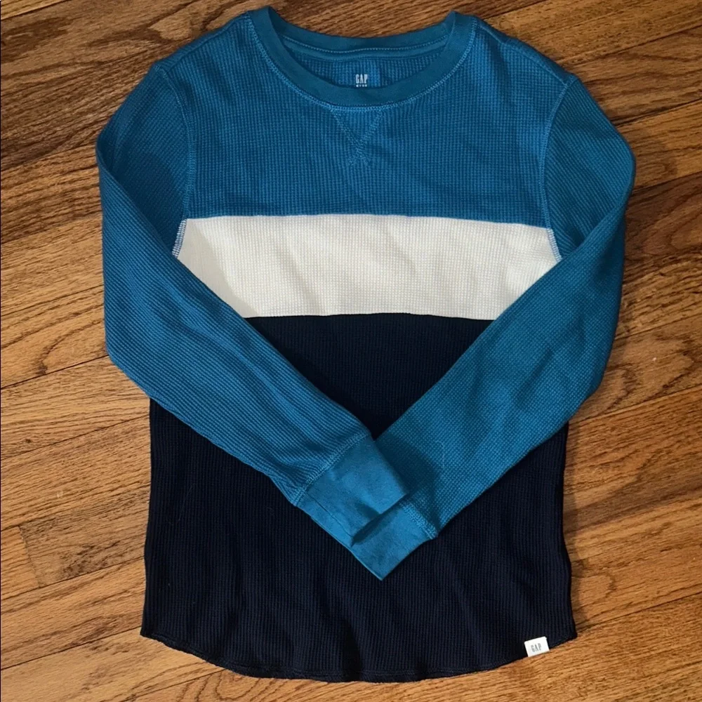 GAP Boys Teal, White, and Navy Colorblock Long Sleeve Thermal Shirt Medium